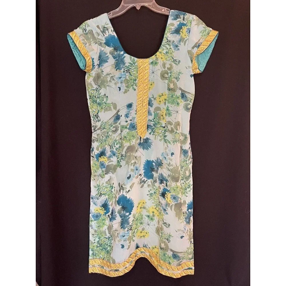 Vtg Handmade Asian Inspired Gold Trim Side Slit Sheath Dress Small Medium Floral - Picture 2 of 8